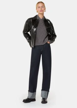 Black Casi Patent Leather Croc Biker