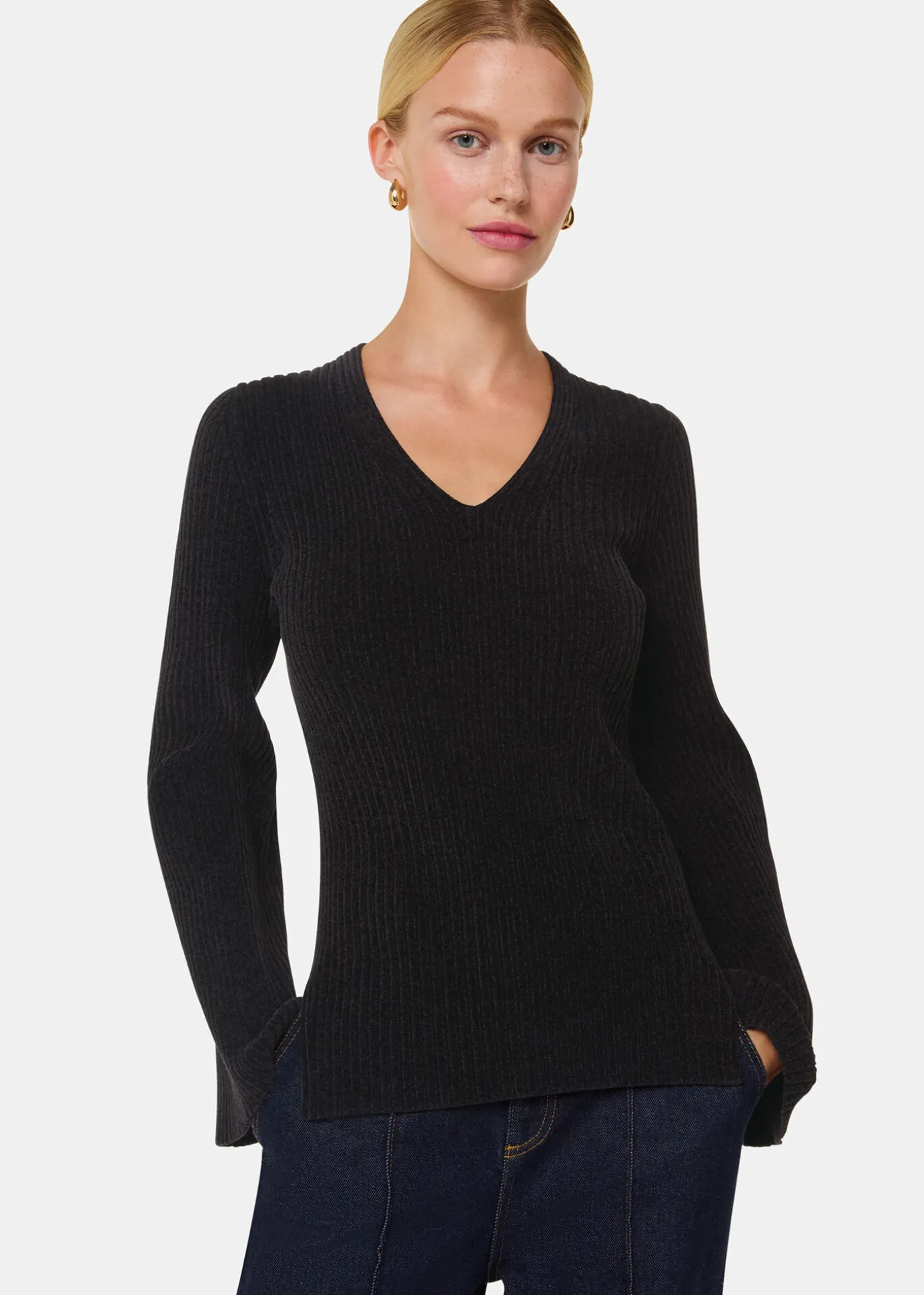 Black Chenille V Neck Knit