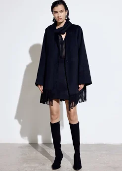 Black Double Face Wool Fringe Coat