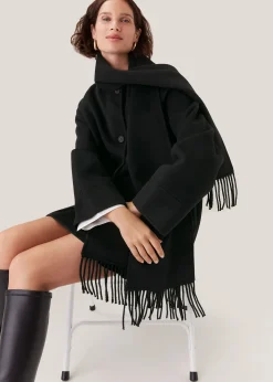 Black Double Face Wool Fringe Coat