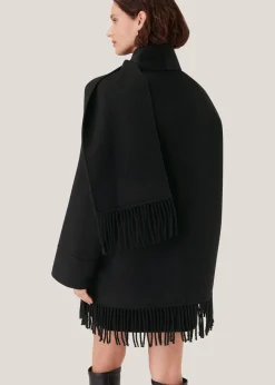Black Double Face Wool Fringe Coat