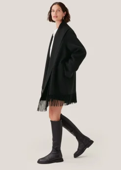 Black Double Face Wool Fringe Coat