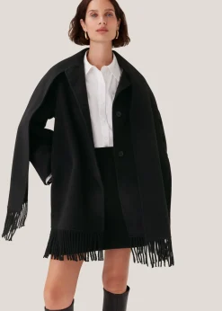 Black Double Face Wool Fringe Coat