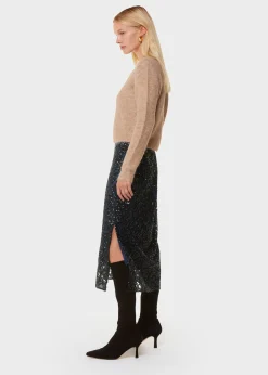 Black Floral Sequin Midi Skirt