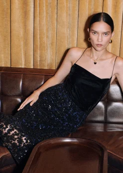 Black Floral Sequin Midi Skirt