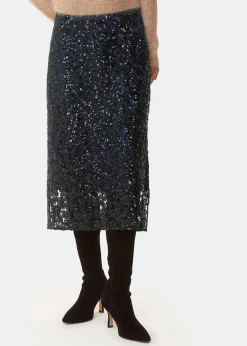 Black Floral Sequin Midi Skirt