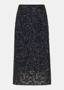 Black Floral Sequin Midi Skirt