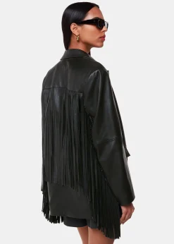 Black Gia Leather Fringed Jacket
