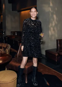 Black Hot Fix Floral Velvet Dress