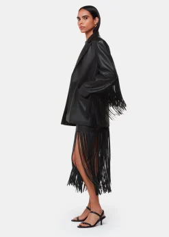 Black Leather Fringed Mini Skirt