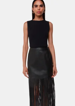 Black Leather Fringed Mini Skirt