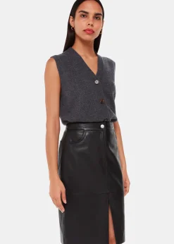 Black Leather Front Split Midi Skirt