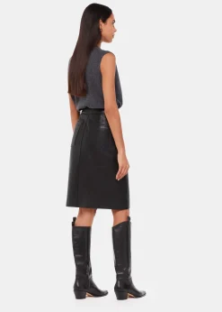 Black Leather Front Split Midi Skirt