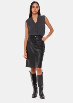 Black Leather Front Split Midi Skirt