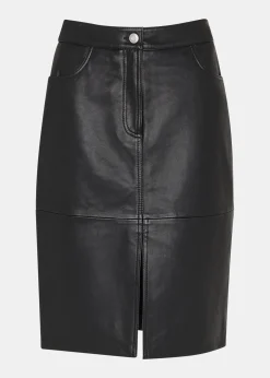 Black Leather Front Split Midi Skirt