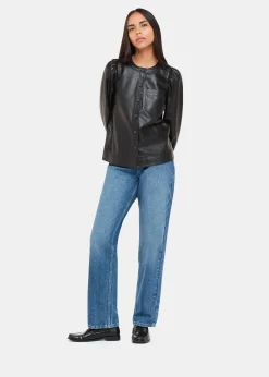 Black Leather Gathered Sleeve Shirt