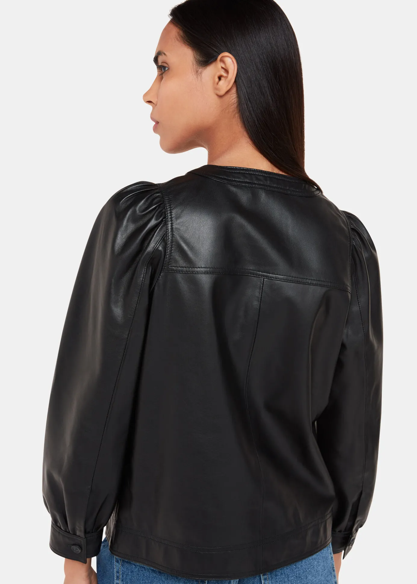 Black Leather Gathered Sleeve Shirt