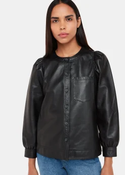 Black Leather Gathered Sleeve Shirt