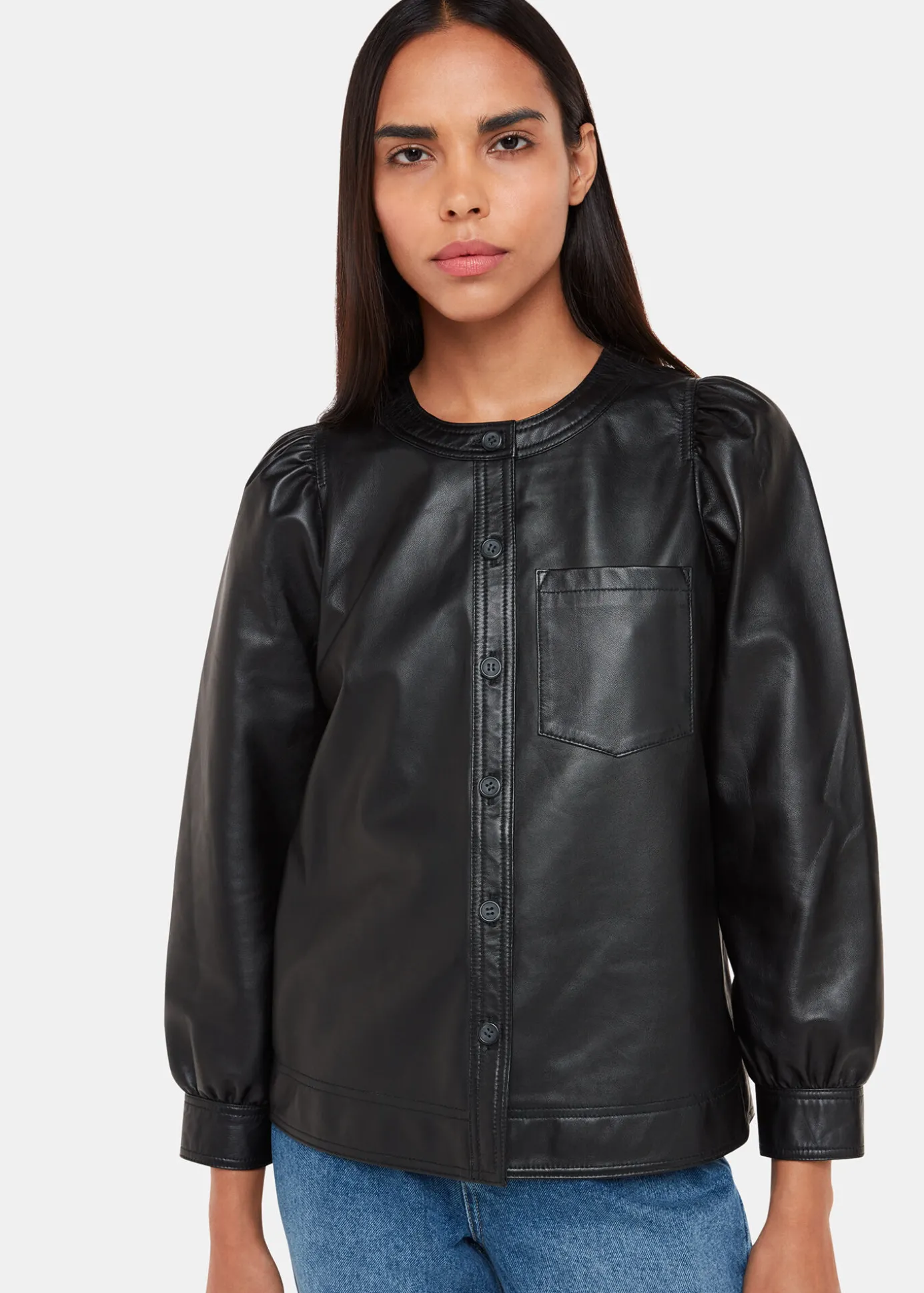 Black Leather Gathered Sleeve Shirt