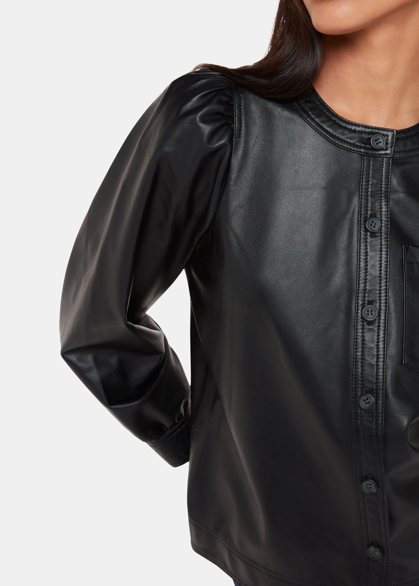 Black Leather Gathered Sleeve Shirt