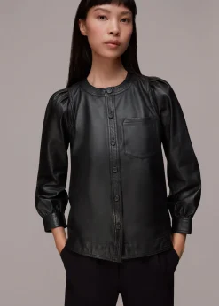 Black Leather Gathered Sleeve Shirt