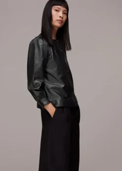 Black Leather Gathered Sleeve Shirt