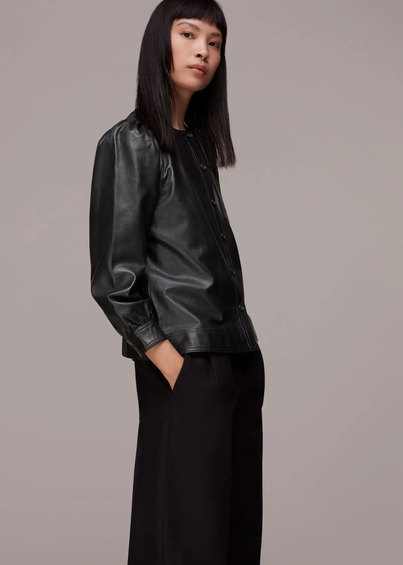 Black Leather Gathered Sleeve Shirt