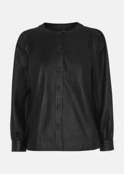 Black Leather Gathered Sleeve Shirt