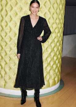 Black Metallic Stripe Midi Dress