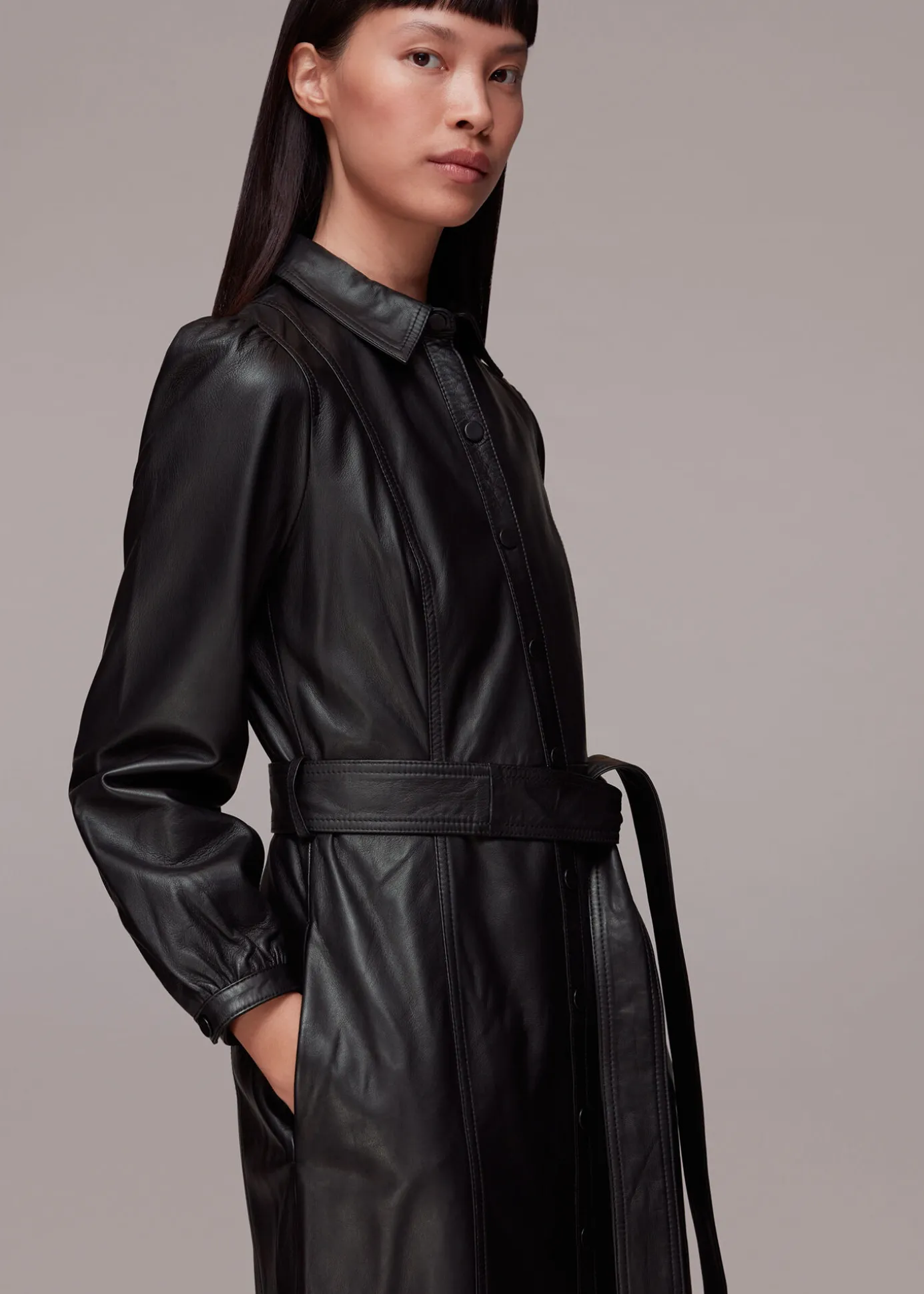 Black Phoebe Leather Shirt Dress