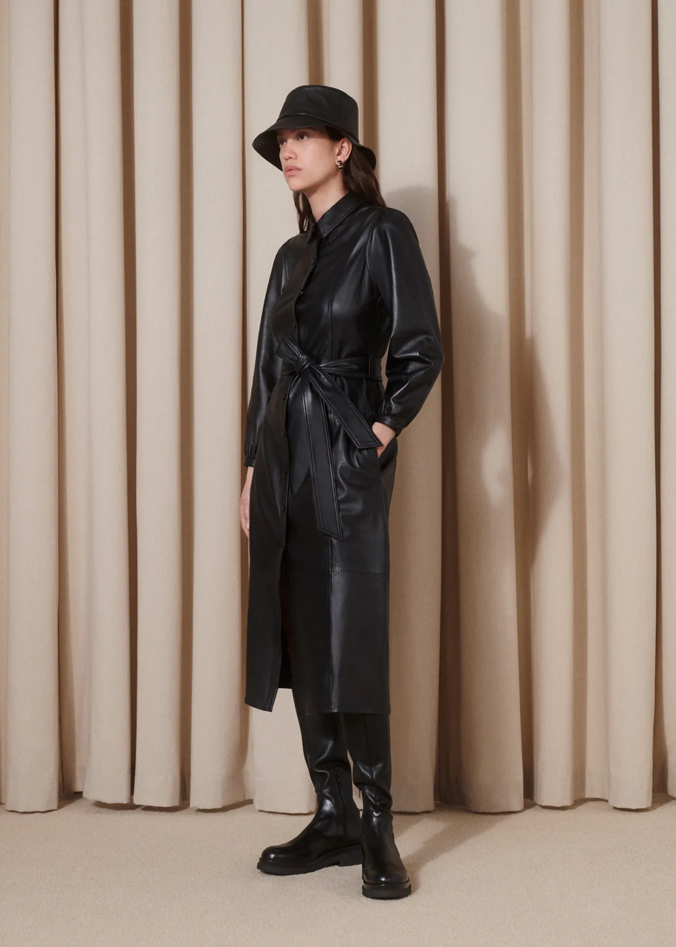 Black Phoebe Leather Shirt Dress