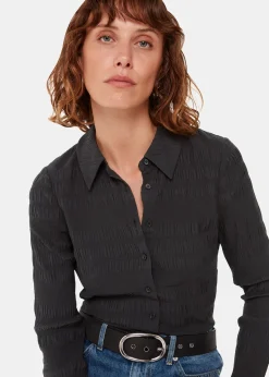 Black Plisse Button Front Shirt