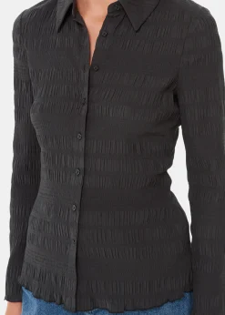 Black Plisse Button Front Shirt