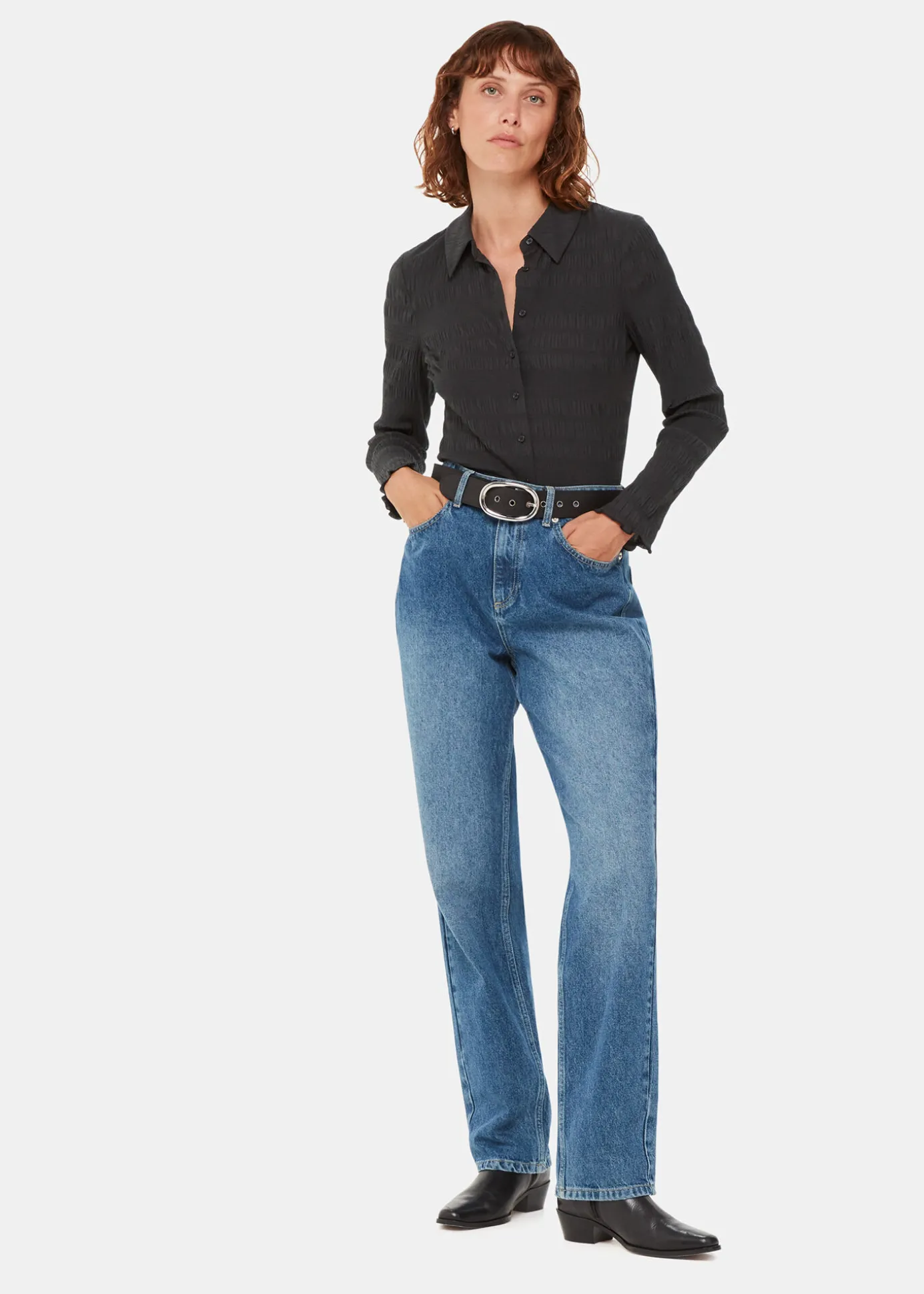 Black Plisse Button Front Shirt