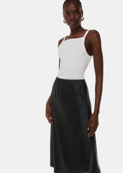 Black Satin Knee Length Skirt
