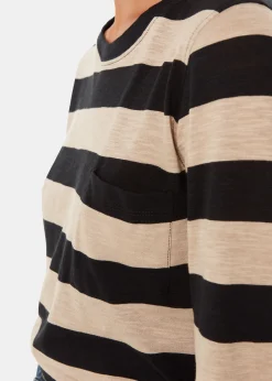 Black Stripe Crew Neck Pocket Top