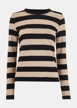 Black Stripe Crew Neck Pocket Top