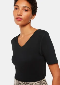 Black V Neck Ribbed T-Shirt