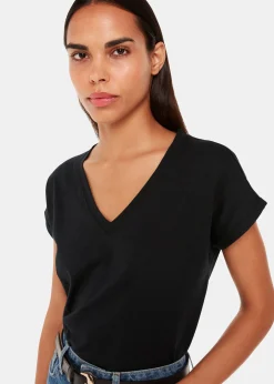 Black Willa V-Neck Cap Sleeve Tee