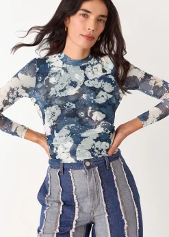 Blue Batik Marble Gathered Mesh Top