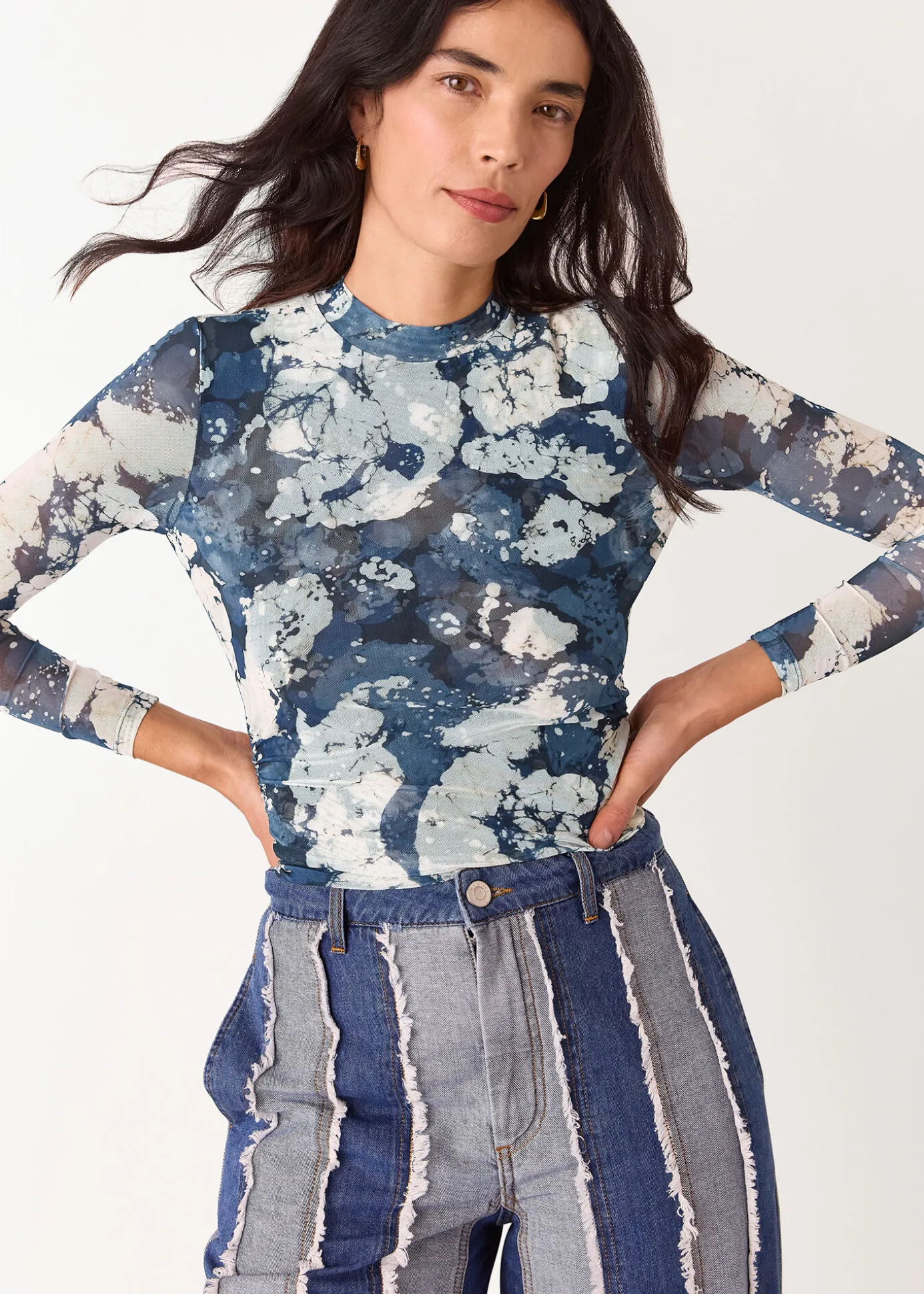 Blue Batik Marble Gathered Mesh Top