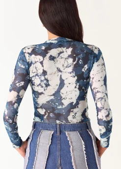 Blue Batik Marble Gathered Mesh Top