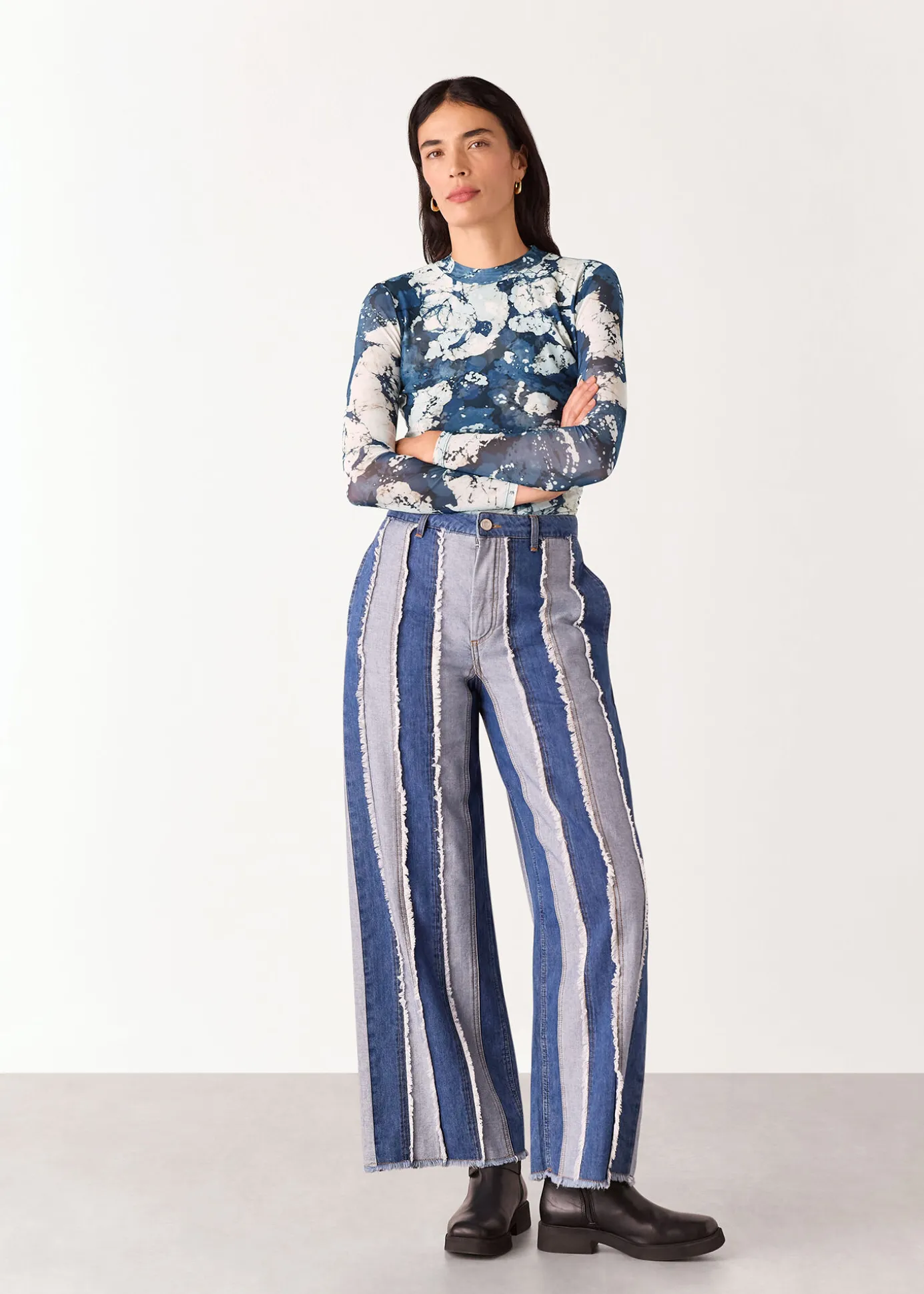 Blue Batik Marble Gathered Mesh Top