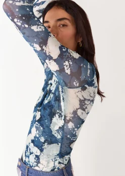 Blue Batik Marble Gathered Mesh Top