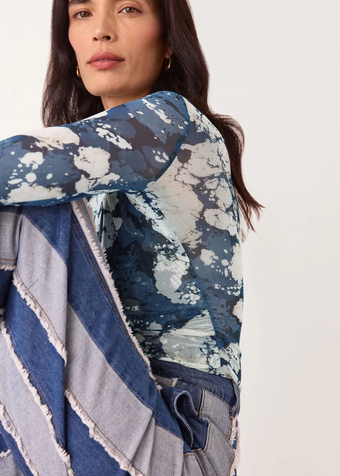 Blue Batik Marble Gathered Mesh Top