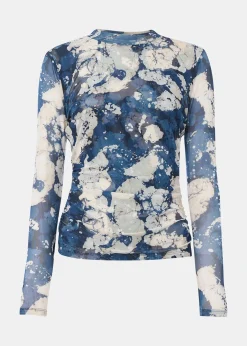 Blue Batik Marble Gathered Mesh Top