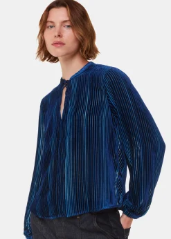 Blue Devore Stripe Velvet Blouse