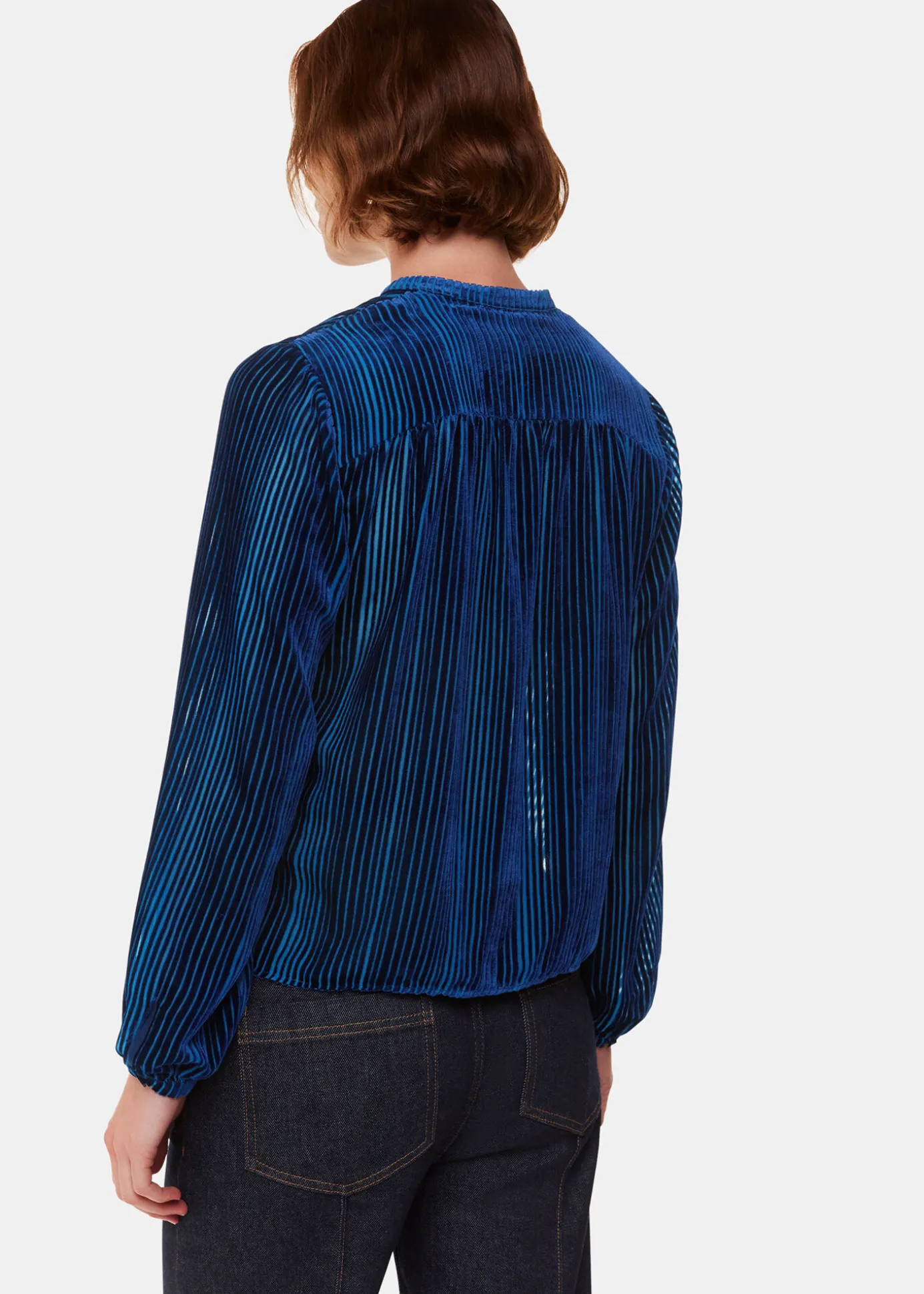 Blue Devore Stripe Velvet Blouse