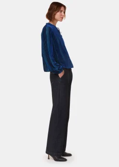 Blue Devore Stripe Velvet Blouse