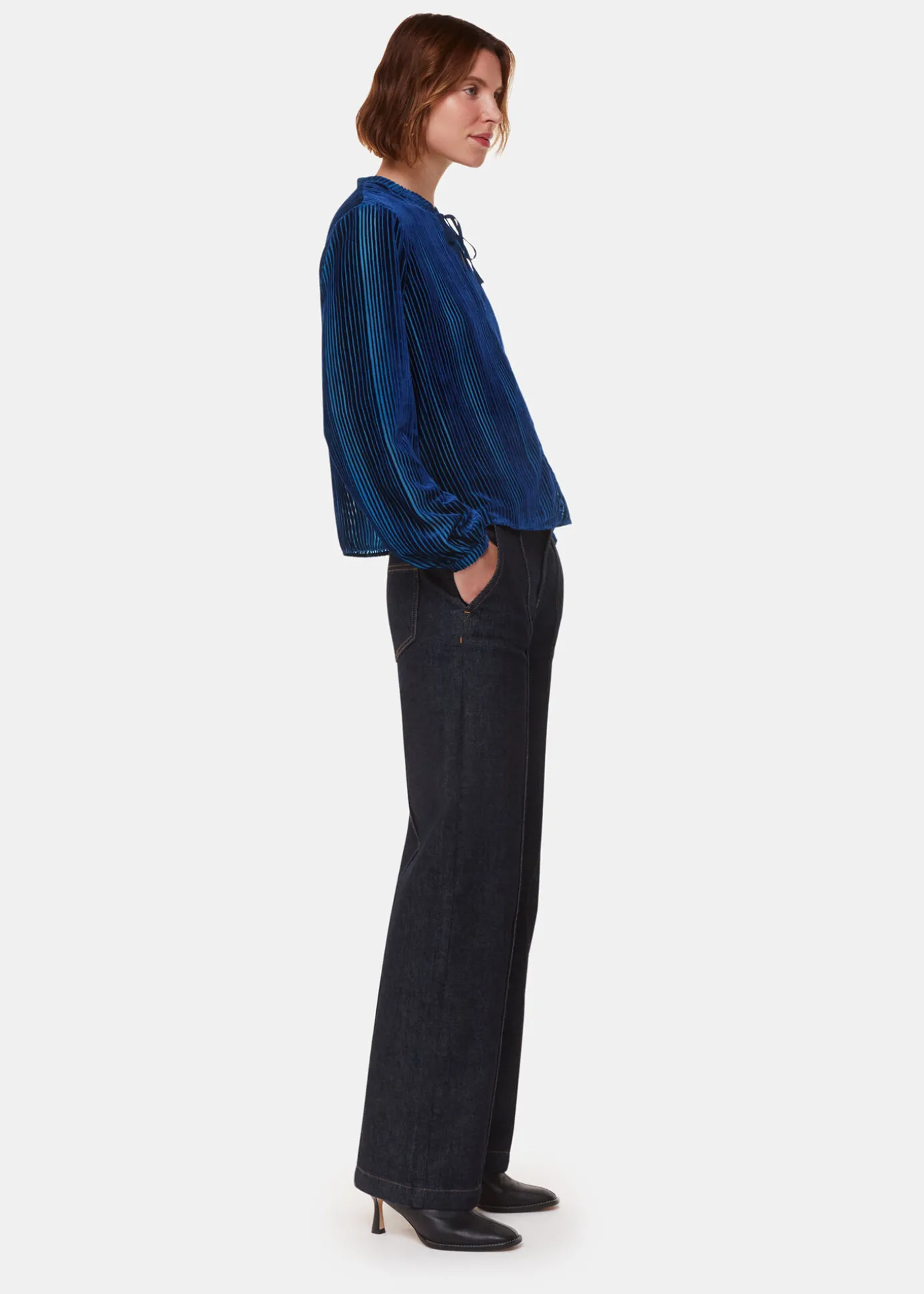 Blue Devore Stripe Velvet Blouse